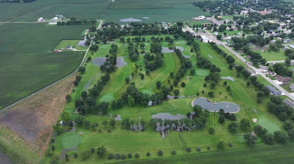 Aerial view of the North Kossuth Golf Club course and surrounding Bancroft countryside